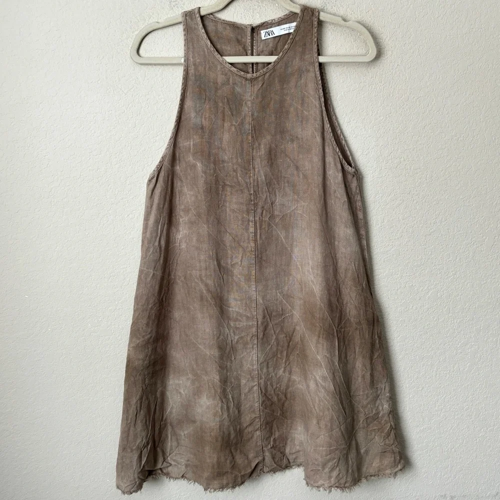 Zara Linen Crinkled Sleeveless Relaxed Mini Dress Boho Neutral Beachy Lagenlook - Picture 3 of 12